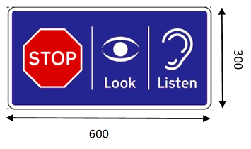Blue rectangle with a Stop sign alongside a Look and Listen diagram