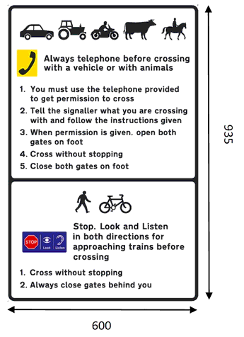 2 black rectangles annotated as: A – Diagrams of a Car, Tractor, Motorcycle, a Cow and a Horse with Rider. Telephone diagram alongside text stating: Always telephone before crossing with a vehicle or with animals. 1. You must use the telephone provided to get permission to cross. 2. Tell the signaller what you are crossing with and follow the instructions given. 3. When permission is given, open both gates on foot. 4. Cross without stopping. 5. Close both gates on foot. B – Diagram a Pedestrian walking and a bicycle. Rectangle with Stop, Look, Listen diagrams alongside text stating: Stop, Look and Listen in both directions for approaching trains before crossing. 1. Cross without stopping. 2. Always close gates behind you