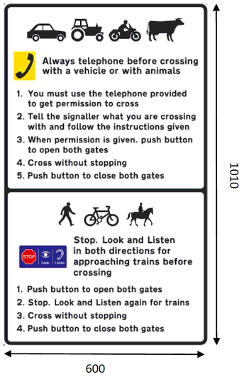 2 black rectangles annotated as: A – Diagrams of car, tractor, motorcycle and a cow Telephone diagram alongside text stating: Always telephone before crossing with a vehicle or with animals 1. You must use the telephone provided to get permission to cross. 2. Tell the signaller what you are crossing with and follow the instructions given. 3. When permission is given, push button to open both gates. 4. Cross without stopping. 5. Push button to close both gates . B – Diagrams of a pedestrian, cyclist and a horse with rider Rectangle with Stop, Look, Listen diagrams alongside text stating: Stop, Look and Listen in both directions for approaching trains before crossing 1. Push button to open both gates 2. Stop, Look and Listen again for trains 3. Cross without stopping 4. Push buttons to close both gates