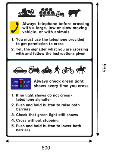 2 black rectangles annotated as: A – Diagram of Grounded Lorry, Farm Tractor with hay bale trailer and a Cow. Telephone diagram alongside text stating: Always telephone before crossing with a large, low or slow moving vehicle, or with animals. 1. You must use the telephone provided to get permission to cross. 2. Tell the signaller what you are crossing with and follow the instructions given. B – Diagrams of a Car, Tractor, a Motorcycle, a Pedestrian walking, a Bicycle and a Horse with Rider. Rectangle with traffic lights diagram stating: Always check green light shows every time you cross. 1. If no light shows do not cross – telephone signaller. 2. Push and hold button to raise both barriers. 3. Check that green light still shows. 4. Cross without stopping. 5. Push and hold button to lower both barriers