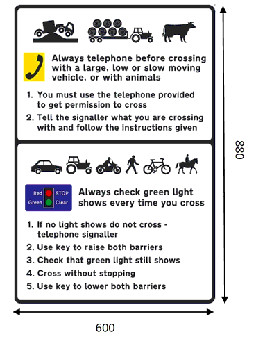 2 black rectangles annotated as: A – Diagram of Grounded Lorry, Farm Tractor with hay bail trailer and a Cow. Telephone diagram alongside text stating: Always telephone before crossing with a large, low or slow moving vehicle, or with animals. 1. You must use the telephone provided to get permission to cross. 2. Tell the signaller what you are crossing with and follow the instructions given. B – Diagrams of a Car, Tractor, a Motorcycle, a Pedestrian walking, a Bicycle and a Horse with Rider. Rectangle with traffic lights diagram stating: Always check green light shows every time you cross. 1. If no light shows do not cross – telephone signaller. 2. Use key to raise both barriers. 3. Check that green light still shows. 4. Cross without stopping. 5. Use key to lower both barriers