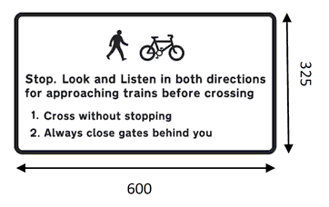A black rectangle annotated as: Diagram of a Pedestrian walking. Annotated as: Stop, Look and Listen in both directions for approaching trains before crossing 1. Cross without stopping. 2. Always close gates behind you