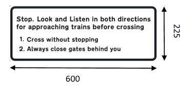 A black rectangle annotated as: Annotated as: Stop, Look and Listen in both directions for approaching trains before crossing 1. Cross without stopping 2. Always close gates behind you