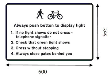 A black rectangle annotated as: Diagram of a Pedestrian walking and a bicycle. Annotation: Always Push button to display light. 1. If no light shows do not cross – telephone signaller. 2. Check that green light shows. 3. Cross without stopping. 4. Always close gates behind you