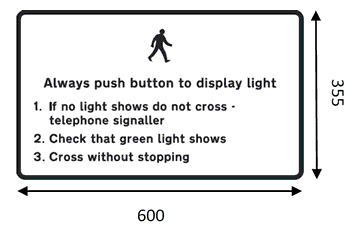 A black rectangle annotated as: Diagram of a Pedestrian walking. Annotation: Always push button to display light. 1. If no light shows do not cross – telephone signaller. 2. Check that green light shows. 3. Cross without stopping