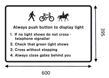 A black rectangle annotated as: Diagrams of a Pedestrian walking, a Bicycle and a Horse with Rider. Annotation: Always push button to display light. 1. If no light shows do not cross – telephone signaller. 2. Check that green light shows. 3. Cross without stopping. 4. Always close gates behind you