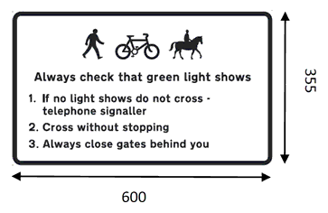 A black rectangle annotated as: Diagram of a Pedestrian walking, a Bicycle and a Horse with Rider. Annotation: Always check that green light shows. 1. If no light shows do not cross – telephone signaller. 2. Cross without stopping. 3. Always close gates behind you