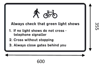A black rectangle annotated as: Diagram of a Pedestrian walking and a Bicycle. Annotation: Always check that green light shows. 1. If no light shows do not cross – telephone signaller. 2. Cross without stopping. 3. Always close gates behind you