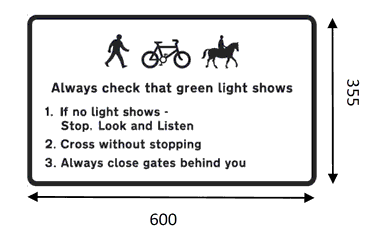 A black rectangle annotated as: Diagram of a Pedestrian walking, a Bicycle and a Horse with Rider. Annotation: Always check that green light shows. 1. If no light shows – Stop, Look and Listen 2. Cross without stopping. 3. Always close gates behind you