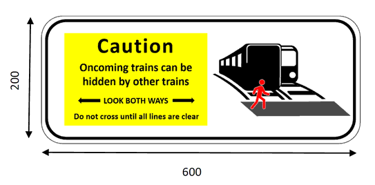 Yellow rectangular sign with wording that reads “oncoming trains can be hidden by other trains. Look Both Ways. Do not cross until all lines are clear.” with a diagram of two trains passing.