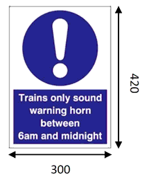 A Blue circle with a white exclamation mark above the wording “Trains only sound warning horn between 6AM and midnight”