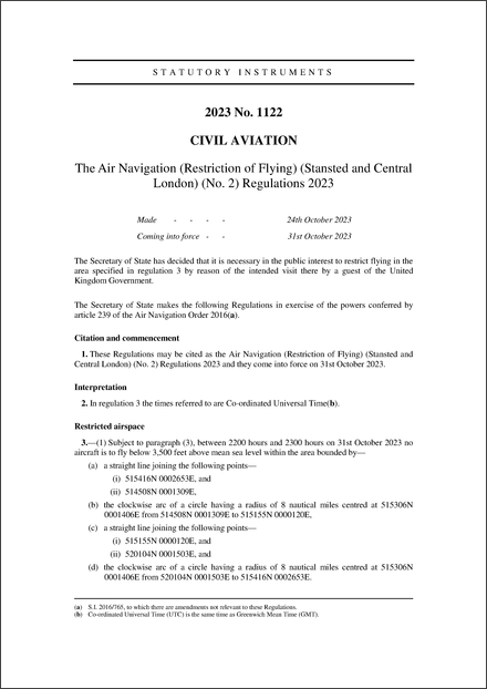 The Air Navigation (Restriction of Flying) (Stansted and Central London) (No. 2) Regulations 2023