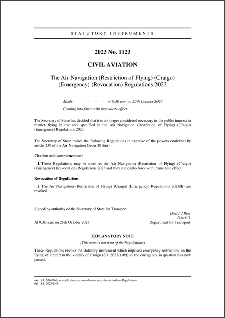 The Air Navigation (Restriction of Flying) (Craigo) (Emergency) (Revocation) Regulations 2023