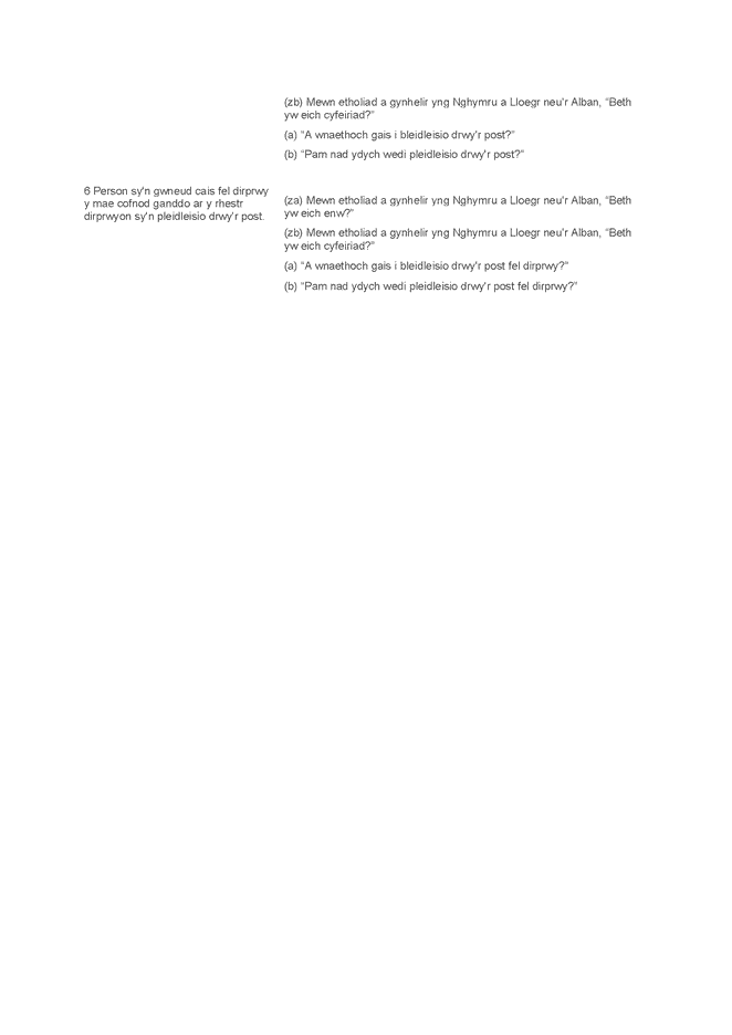 Form 2: Welsh version of questions set out in the table in rule 35 in Schedule 1 to the Representation of the People Act 1983 - image 3 of 3