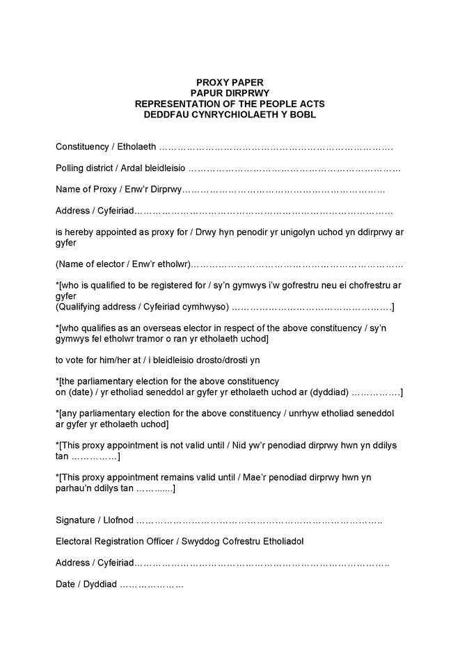 Parliamentary elections in Wales - Form 11 (proxy paper) - Page 1 of 3