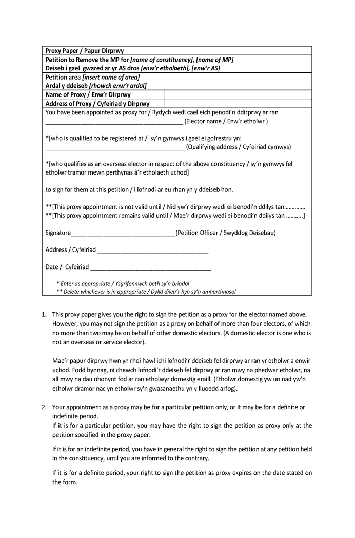 Recall petitions in Wales - Form J: Proxy paper - page 1 of 2