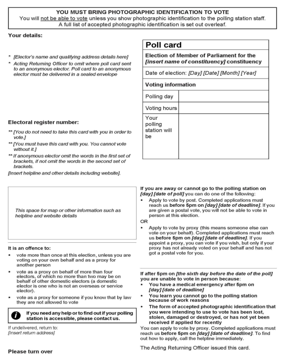 Parliamentary elections in England and Wales - Form A: Official poll card (to be sent to an elector voting in person) - front of form