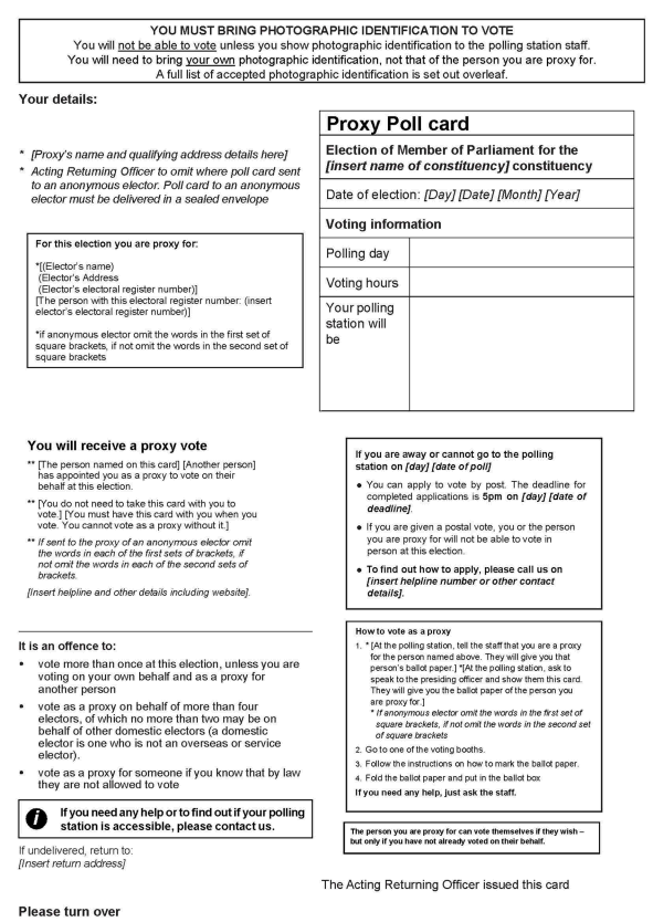 Parliamentary elections in England and Wales - Form B: Official proxy poll card (to be sent to an appointed proxy voting in person) - front of form