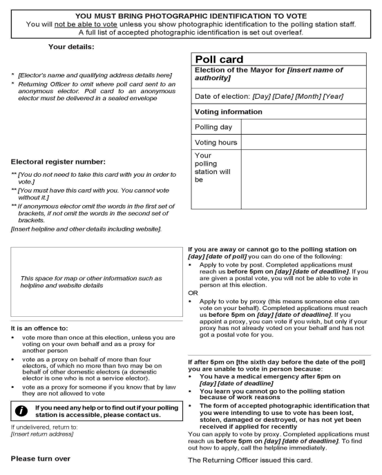 Local Authority Mayoral Elections in England - Form 8A: Elector's official poll card (for use at mayoral elections in England) - standalone poll - front of form