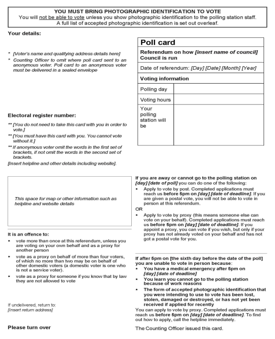 Mayoral referendum - standalone poll - Official poll card (to be sent to a voter voting in person - Front of form