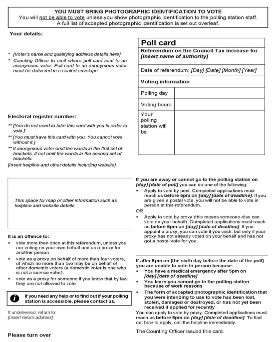 Council Tax Referendum - standalone poll - Offical poll card (to be sent to a voter voting in person) - Front of form