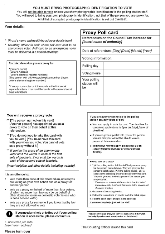 Council tax referendum - Official proxy poll card to be sent to an appointed proxy voting in person - standalone poll - front of form
