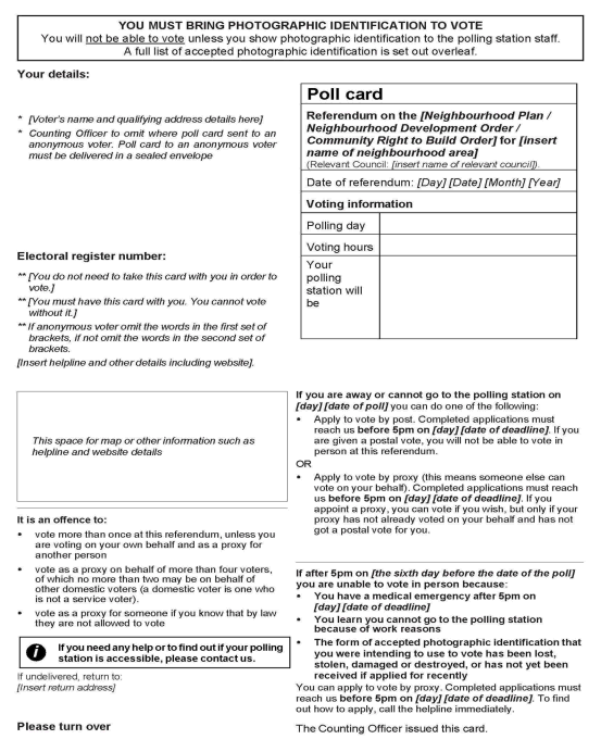 Neighbourhood planning referendum - Form 7: Official poll card to be sent to a voter voting in person - standalone poll - front of form