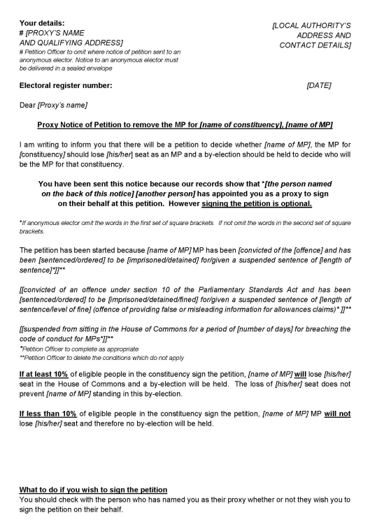 Recall petition in England, Wales or Scotland - Form F: Official petition notice for a proxy who may sign the petition in person - page 1 of 5