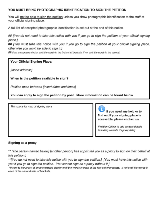 Recall petition in England, Wales and Scotland - Form F: Official petition notice for a proxy who may sign the petition in person - page 2 of 5