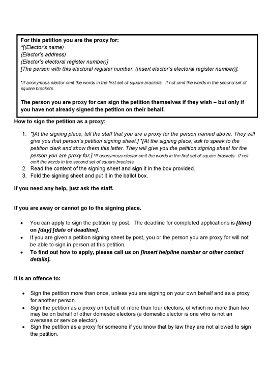 Recall petition in England, Wales and Scotland - Form F: Official petition notice for a proxy who may sign the petition in person - page 3 of 5