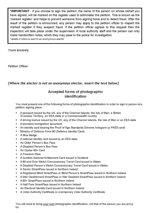 Recall petition in England, Wales and Scotland - Form F: Official petition notice for a proxy who may sign the petition in person - page 4 of 5