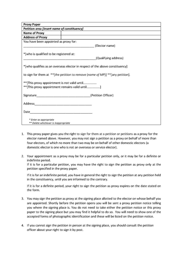 Recall Petitions in England, Wales or Scotland - Form J Proxy Paper