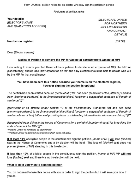 Recall Petitions held in Northern Ireland - Form D: Official petition notice for an elector who may sign the petition in person - page 1 of 3