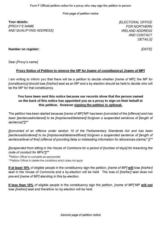 Recall petitions in Northern Ireland - Form F: Official petition notice for a proxy who may sign the petition in person - page 1 of 3