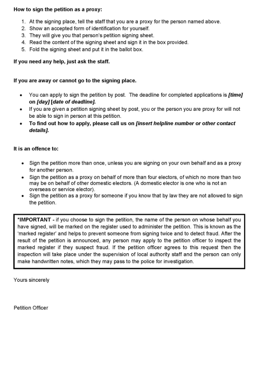 Recall petitions in Northern Ireland - Form F: Official petition notice for a proxy who may sign the petition in person - page 3 of 3