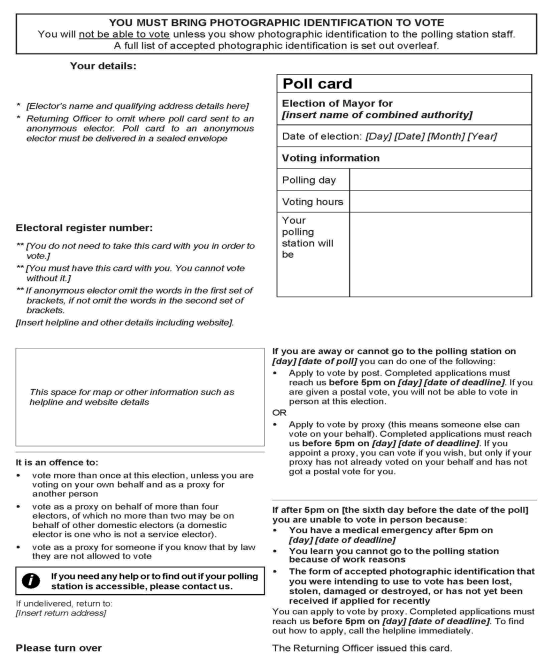 Combined authority mayoral election - Form 8: Elector's official poll card - standalone poll - Front of form
