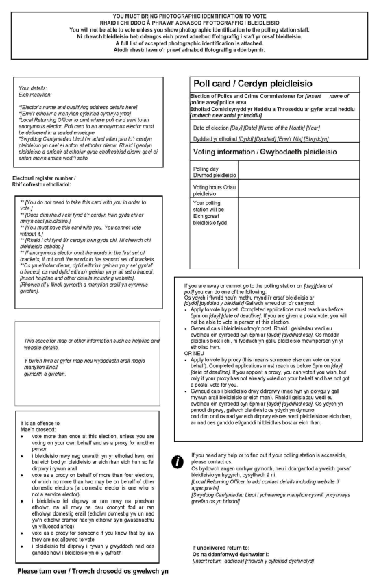 Police and Crime Commissioner Elections - Form 11: Official poll card - Welsh/English version - front of form