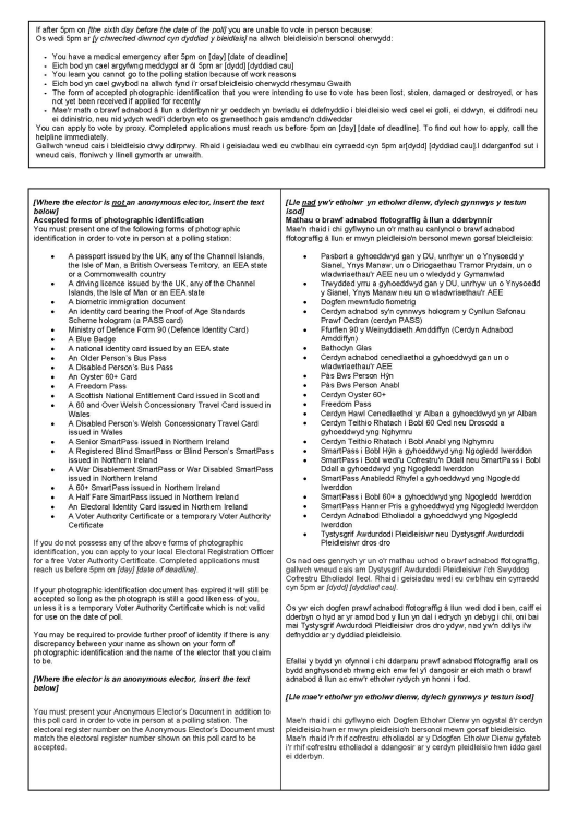 Police and Crime Commissioner Elections - Form 11: Official poll card - Welsh/English version - rear of form