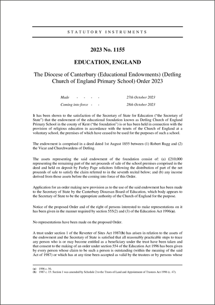 The Diocese of Canterbury (Educational Endowments) (Detling Church of England Primary School) Order 2023
