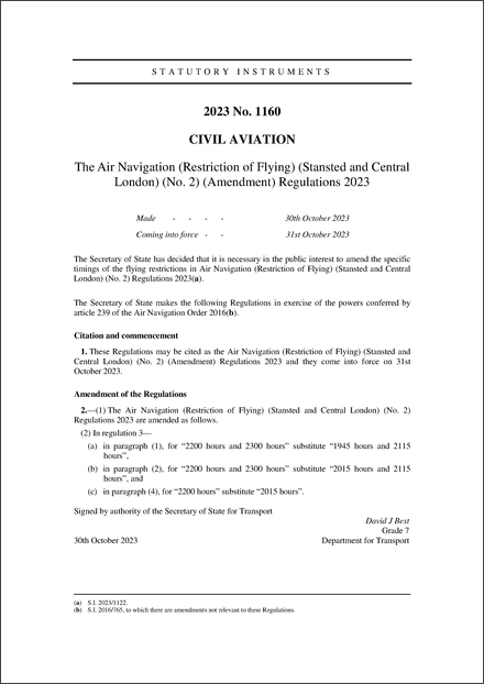 The Air Navigation (Restriction of Flying) (Stansted and Central London) (No. 2) (Amendment) Regulations 2023