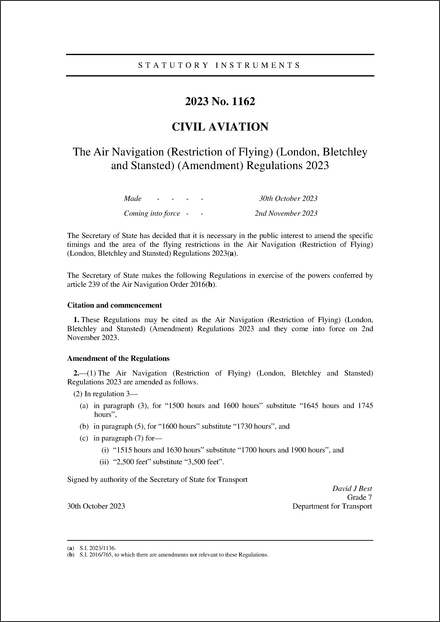 The Air Navigation (Restriction of Flying) (London, Bletchley and Stansted) (Amendment) Regulations 2023