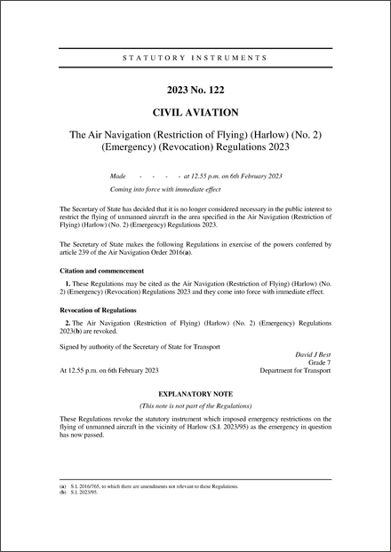The Air Navigation (Restriction of Flying) (Harlow) (No. 2) (Emergency) (Revocation) Regulations 2023