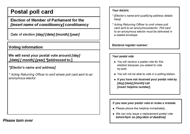 Form A1: Postal poll card to be sent to an elector voting by post