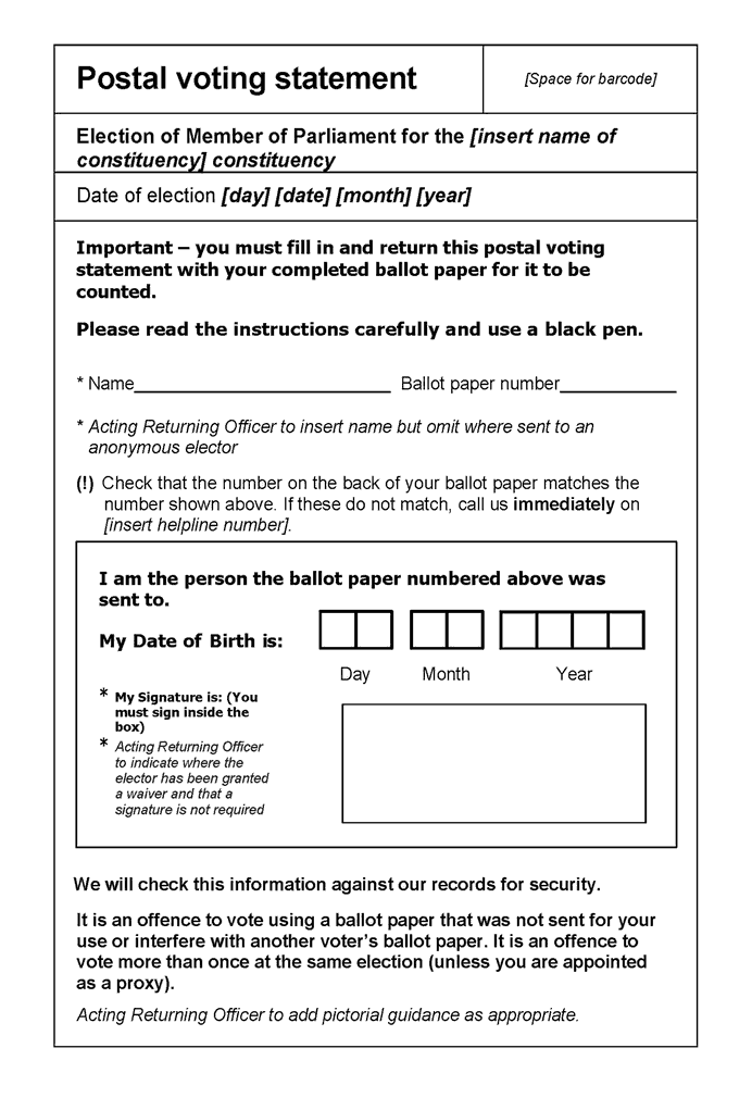 Form G: Postal voting statement for use at a parliamentary election taken alone - p1
