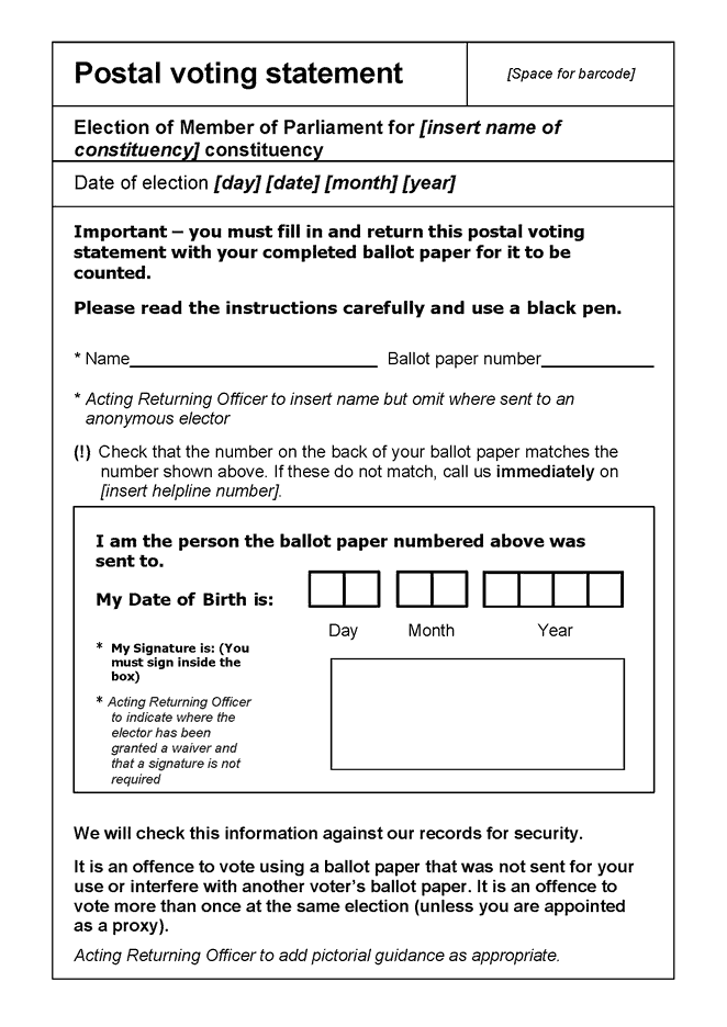 Form J: Postal voting statement for use when a parliamentary poll is combined with another poll but the postal ballots are not combined - p1