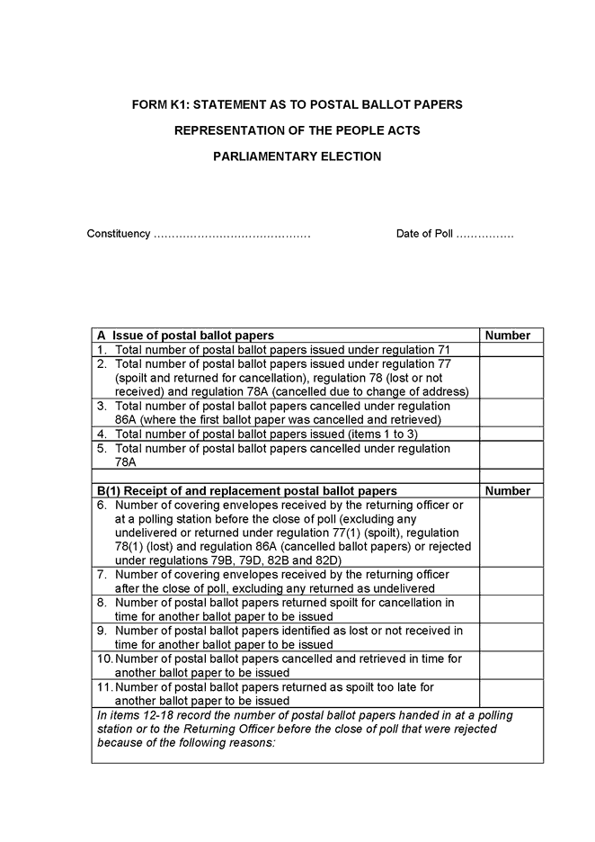 Form K1: statement as to postal ballot papers for parliamentary elections and for local government elections in England - page 1 of 3