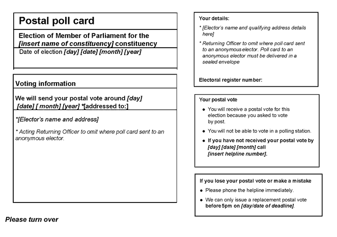 Form A1: Official postal poll card to be sent to an elector voting by post - p1