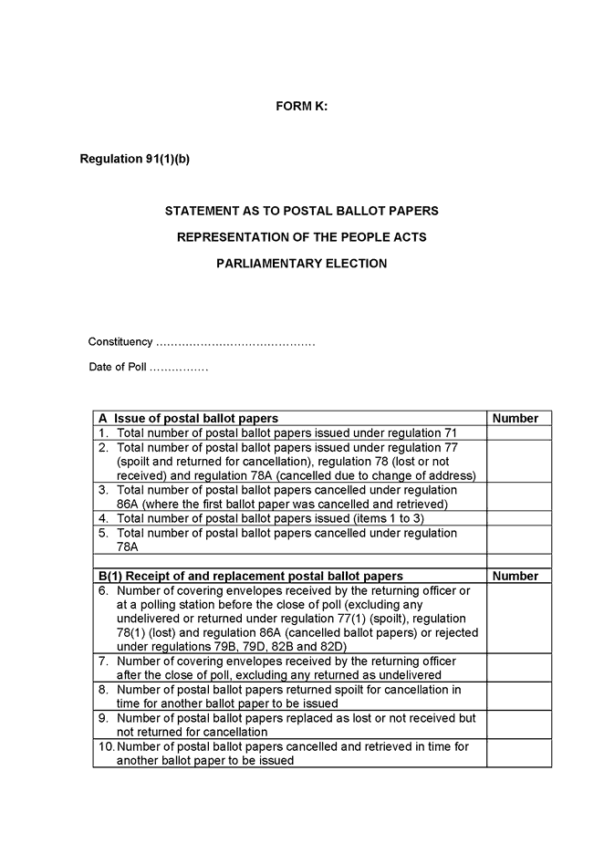 Form K: statement as to postal ballot papers - page 1 of 3