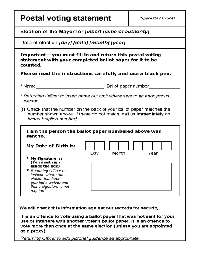 Form 7A: Postal voting statement - mayoral elections in England