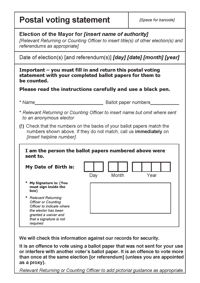 Form 7A(1): postal voting statement for use when there is a joint issue and receipt of ballot papers - – mayoral elections in England - p1